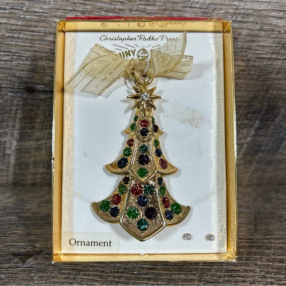 Christopher Radko Shiny Brite Gold Tone Christmas Tree Ornament & Earrings Set - Picture 2 of 7